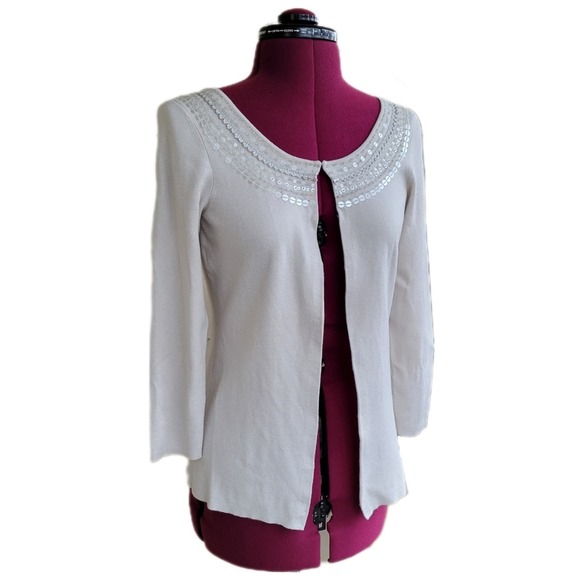 Loft Ivory Sequin Neckline 3/4 Sleeve Lightweight Cardigan sz XS - Picture 1 of 6